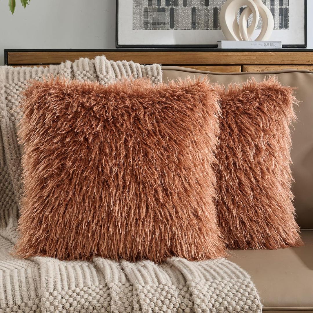 FUTEI Pack of 2 Shaggy Mongolian Faux Wool Throw Pillow Covers 18x18 Inch Soft Fluffy Farmhouse Decorative Cushion Case for Couch Bed Living Room, Rust