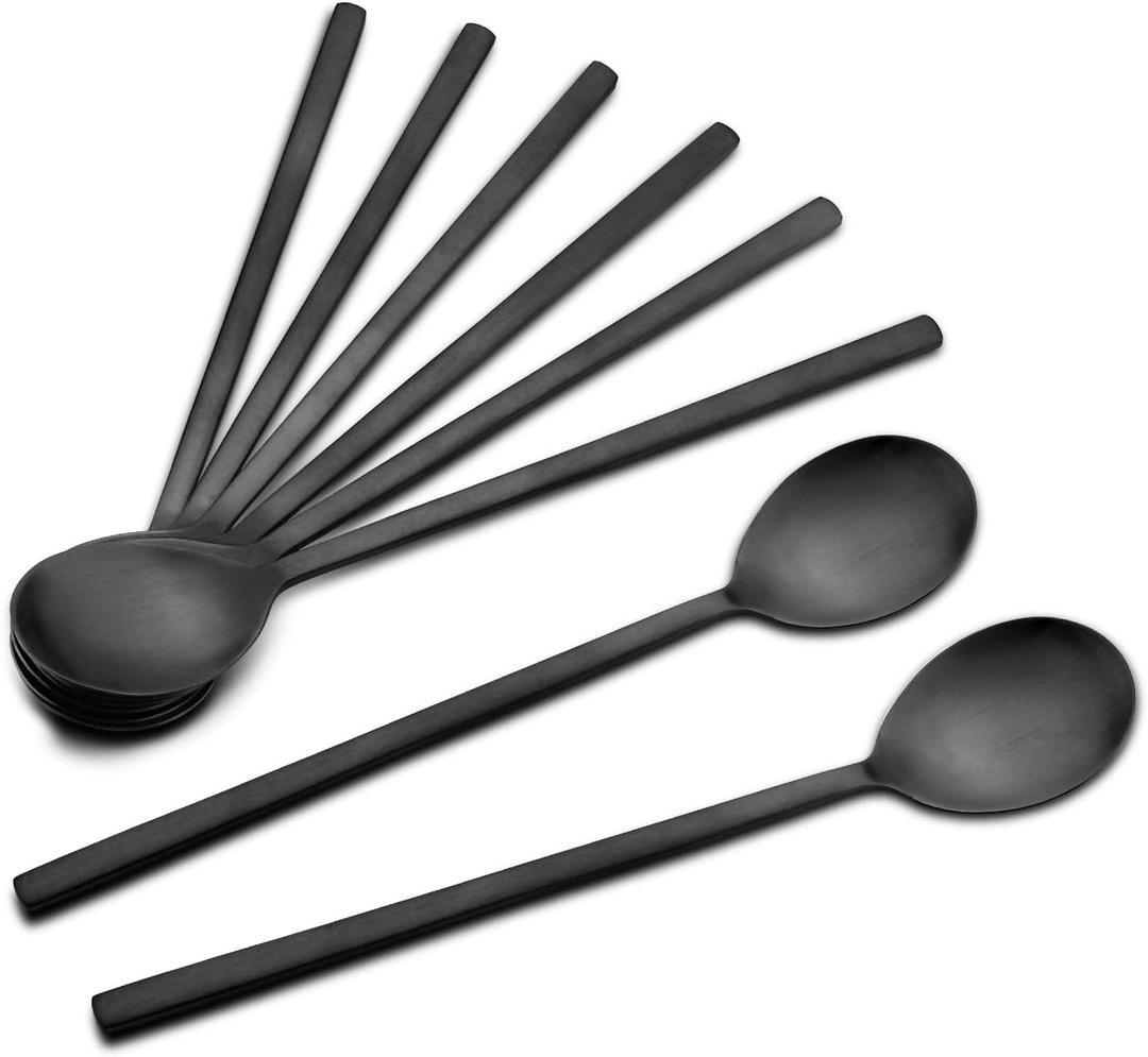 Soup Spoon, Korean Spoons, 8 Pieces Stainless Steel Asian Soup Spoon,8.5 Inch Long Handle Korean Dinner Ramen Spoons for Home Kitchen or Restaurant (Black)