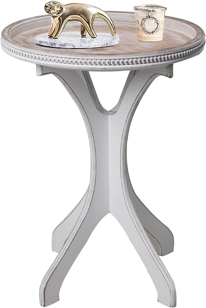 Farmhouse Round Side Table Rustic Small Accent Tables for Living Room with Distressed Wooden Tray Top and Concave Legs for Bedroom, Entryway,Small Spaces, Easy Assembly