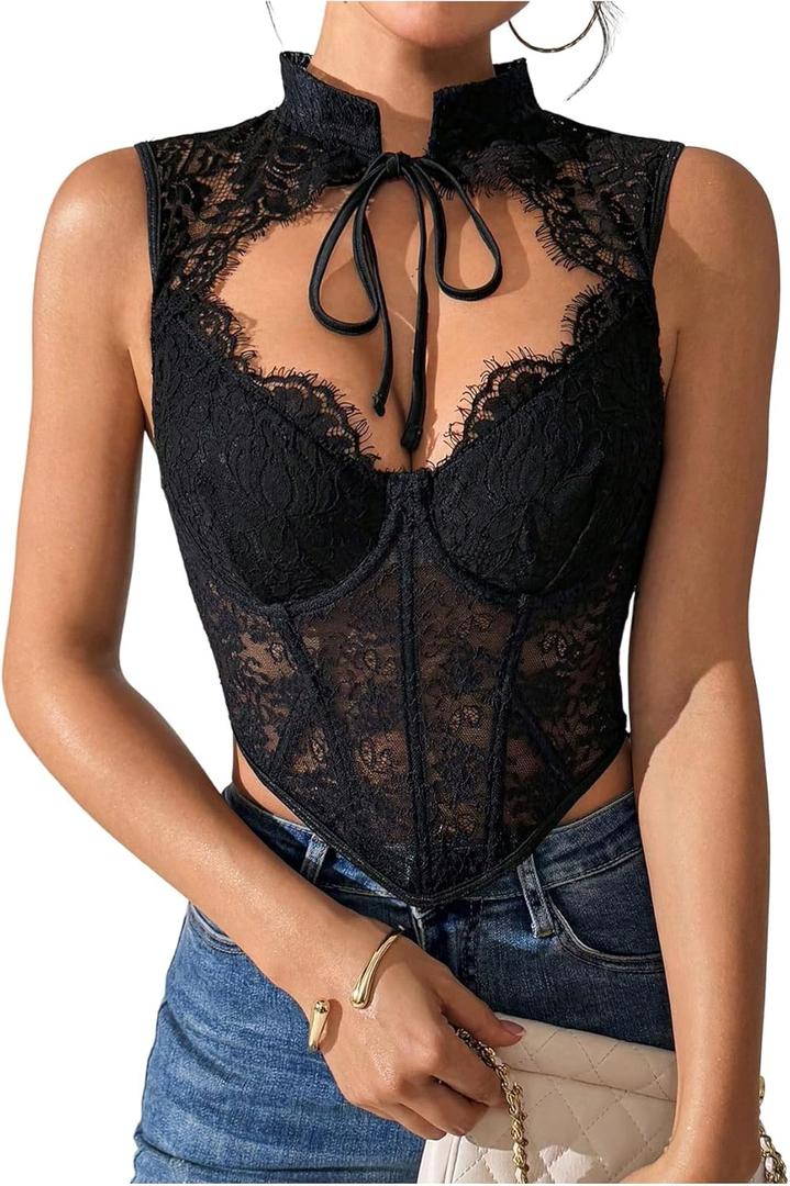 SweatyRocks Women's Floral Lace Corset Top Cut Out Crop Bustier Sexy Going Out Party Night Club Rave Tops (Medium, Black)