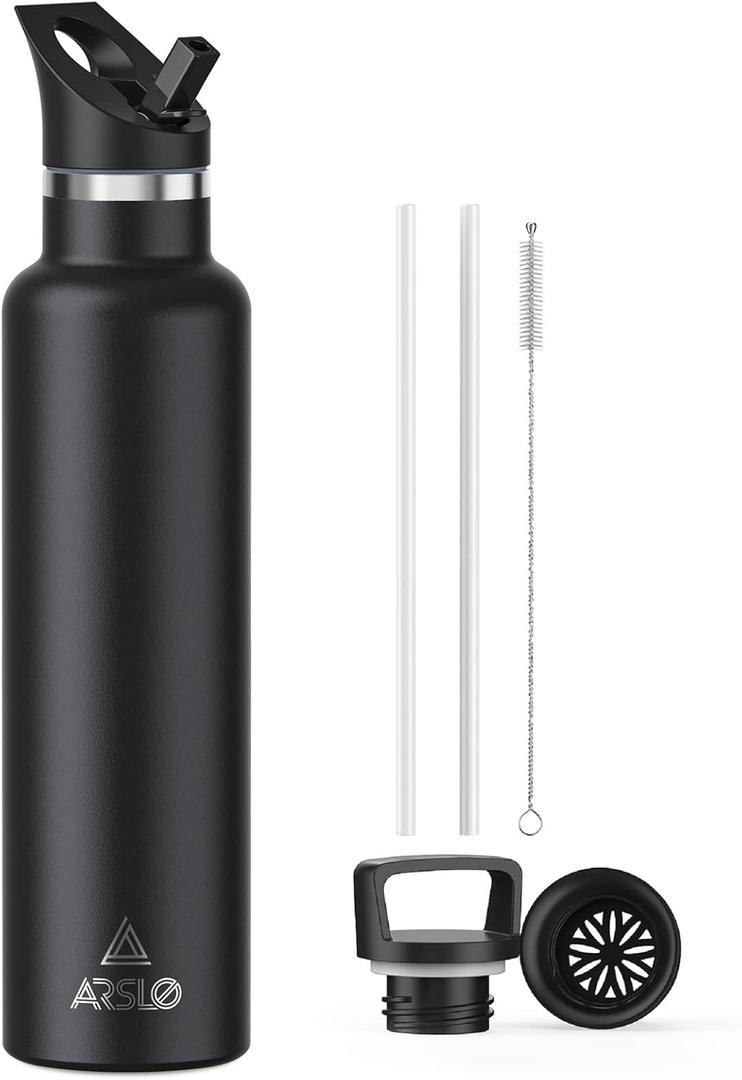 Stainless Steel Double Wall Water Bottles, Vacuum Insulated Bottle With Straw Lid, Insulated Water Bottle Keeps Water Cold for 24 Hours, Hot for 12 Hours, Hiking, Sports (32 Ounces, Black)