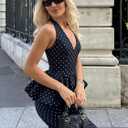 Two Piece Skirt Set for Women Retro Sleeveless Halter Top Long Trousers Polka Dot Matching Summer Outfit Casual (Blue, XS)