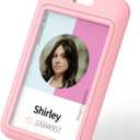 Uniclife 1 Pack Sliding ID Badge Holder Pink Hard Vertical Plastic Card Case Protector Pouch with Clear Window for Office School ID Credit Cards Proximity Key Cards Drivers Licenses and Passes