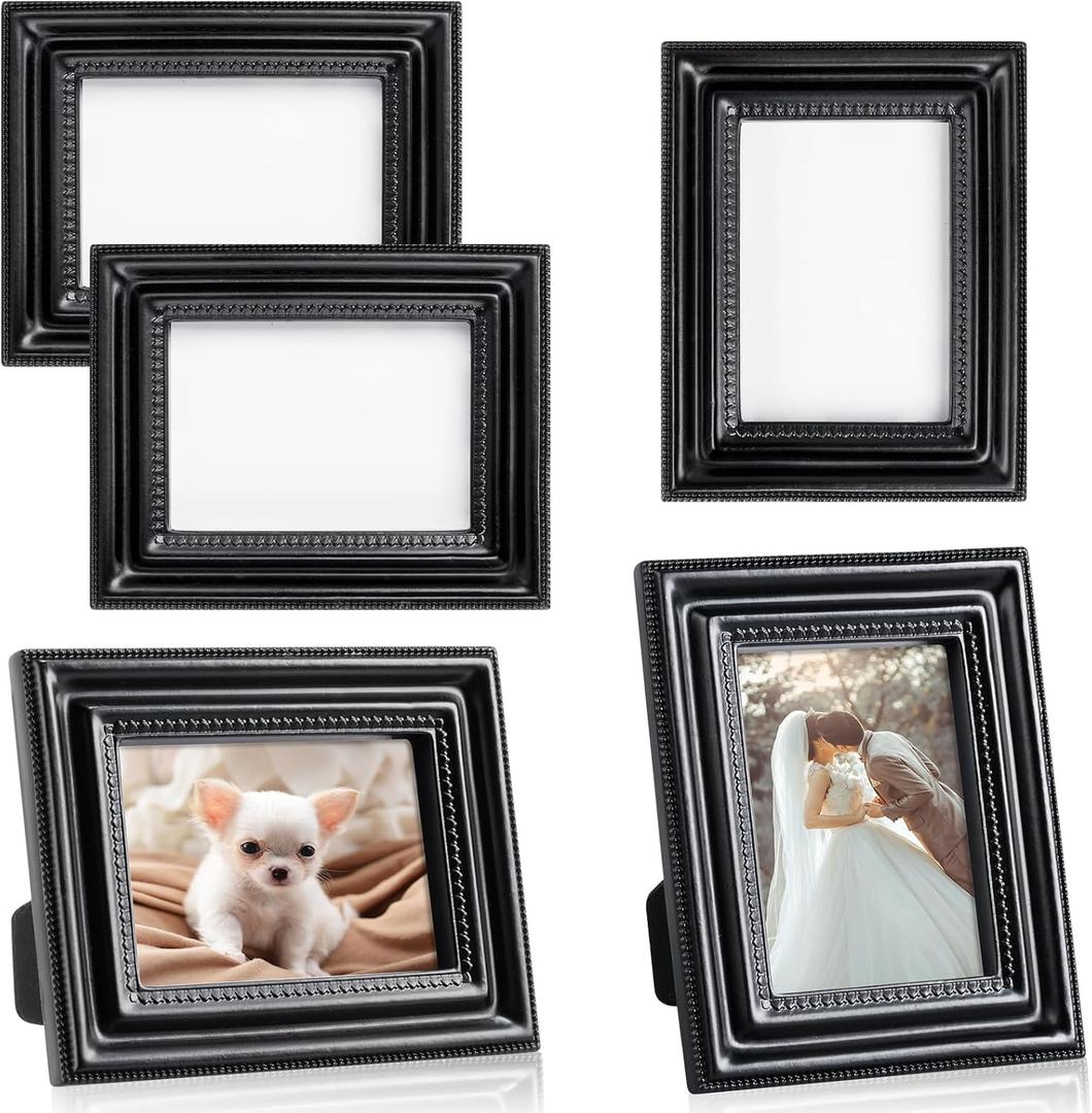 Qunclay 5 Small Frame Pack, Gold Black White Mini Vintage Frames, 2.5x3.5 Wallet Size Tiny Antique Picture Ornate for Wall Hanging Tabletop Art Display Retro Wedding Home Decor (Black,Classic)