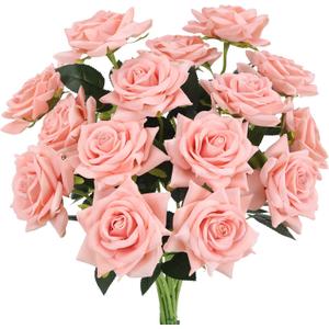 Floweroyal 15PCS Pink Roses Artificial Flowers 4.33" Velvet Flowers with Long Stem Fake Roses for Mother's Day, Wedding Bridal Bouquets, Floral Arrangement, Table Centerpieces, Home Decorations