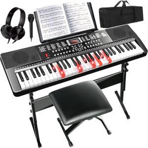 AQNIEGEP 61 Key Electric Keyboard Piano for Beginners & Adults w/Light-Up Keys, Full Set: Stand, Bench, Headphones, Padded Bag, Note Stickers, 70 Demos, 200 Rhythms/Tones, LED Display, Teaching Modes