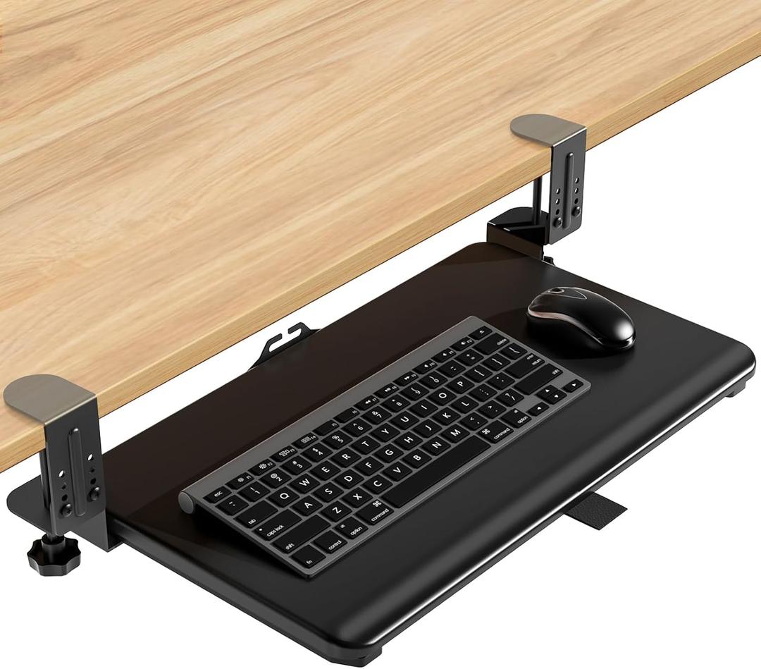 YOMT Adjustable Keyboard Tray Under Desk, Small Pull-Out Computer Keyboard Drawer with C-Clamp, 20 (24.2 Including Clamps) x 13 Slide-Out Platform Computer Drawer for Typing, Black