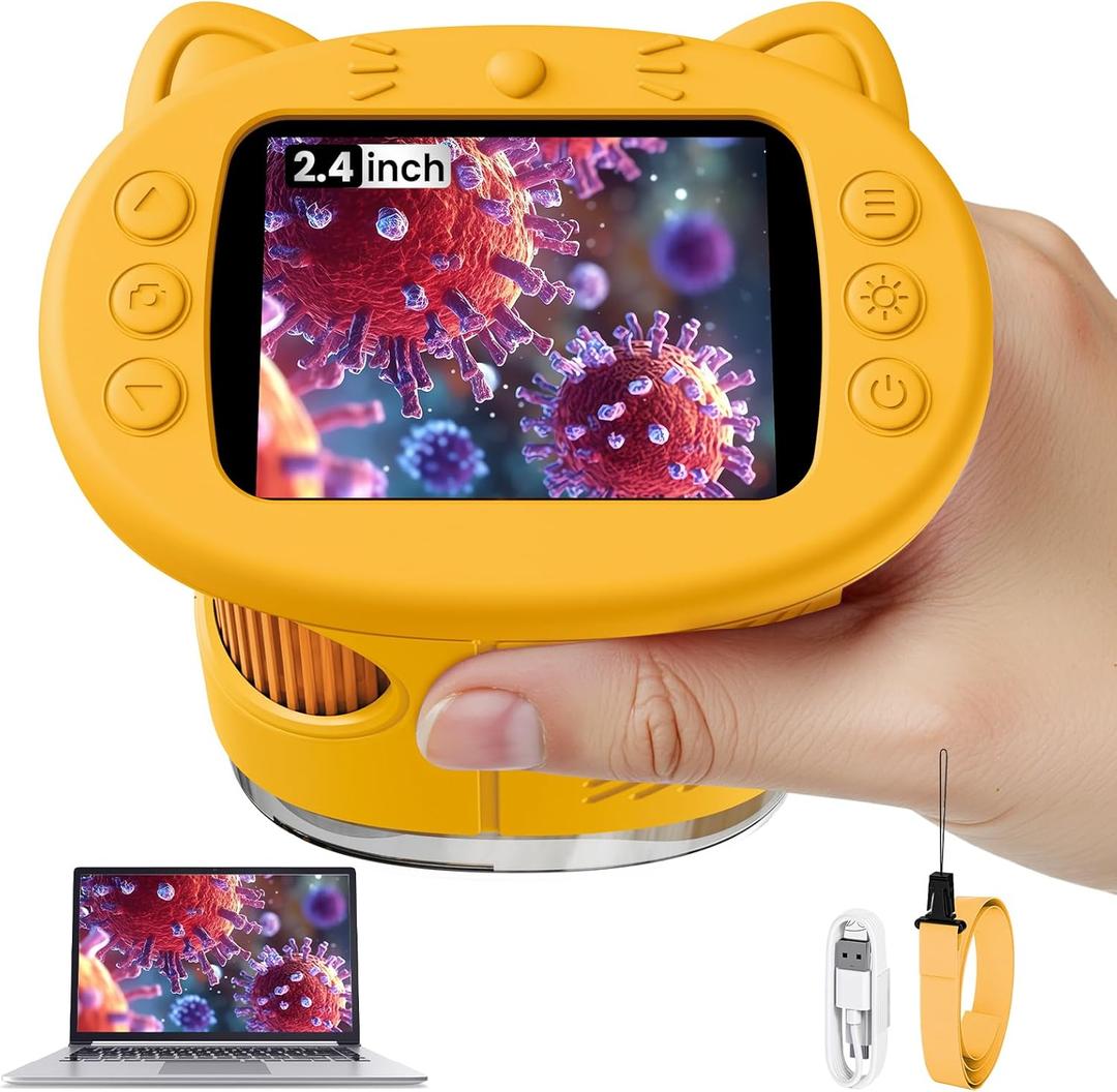 Microscope for Kids, 2.4 Inch Digital Microscope with 1000X Magnification, Handheld Camera Mini Pocket Magnifying Glass, Educational Christmas Birthday Gifts Toys for Ages 3+, Yellow