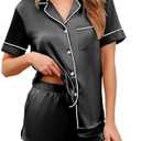 Ekouaer Womens Silk Satin Pajamas Set Short Sleeve Sleepwear Button Down Loungewear 2 Piece Pjs Shorts Set S-5X Plus Size S (Black)