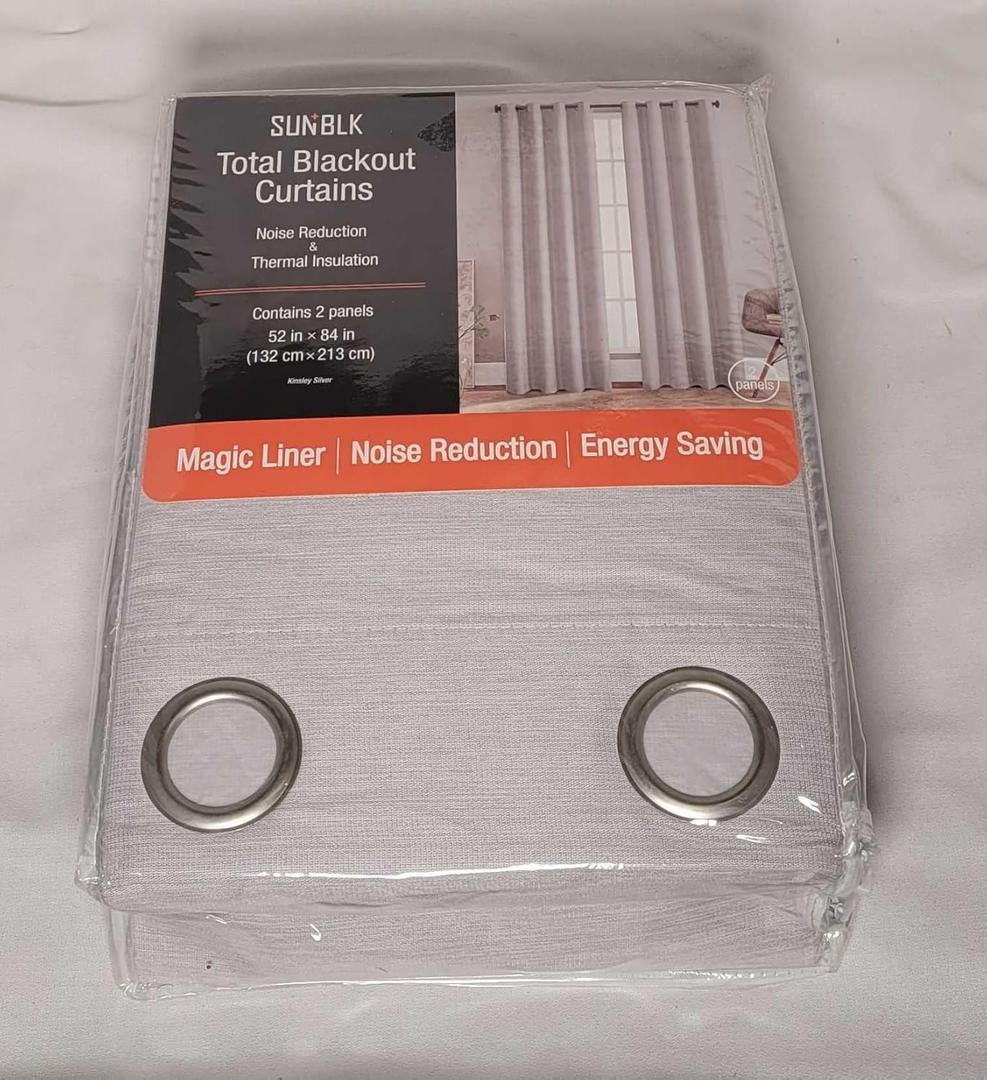 SunBlk Total Blackout Curtains - Set of 2 Panels - 52 in x 84 in - Kinsley Silver - New