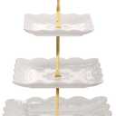 Sumerflos 3 Tier Porcelain Cupcake Stand, Tiered Serving Cake Stand, Square White Embossed Dessert Stand, Weddings Parties Pastry Serving Tray