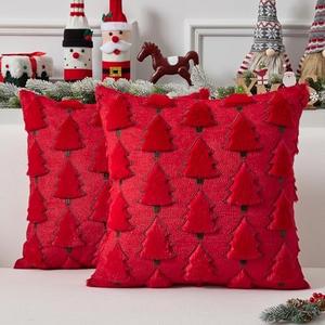 UGASA Christmas Tree Pillow Covers 18x18 Inch and 12x20 Set of 2 Soft Plush Faux Fur Luxury Embroidery Decoration Pillowcases for Couch Sofa Holiday Festivals Winter Xmas Gift, Red & Green