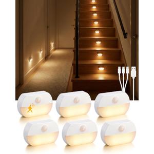 6 Pack Rechargeable Motion Sensor Stair Lights, Indoor Hallway Wall Light, Magnetic Wireless Peel and Stick On Closet Light, Battery Operated LED Night Lights for Step Bedroom Cabinet Toilet Bathroom