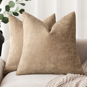 Foindtower Pack of 2 Textured Chenille Throw Decorative Pillow Covers Square Accent Solid Cushion Cover Neutral Farmhouse Pillow Case for Couch Sofa Bedroom Living Room 24x24 Inch,Taupe Khaki Camel