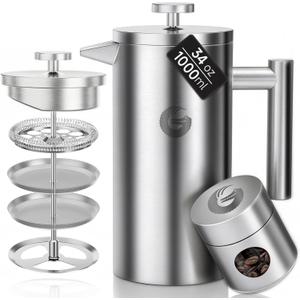 Coffee Gator 304 Grade Stainless Steel French Press Coffee Maker 34 oz, Double Wall Insulated Teapot with 4-Level Filtration System, Include Travel Jar Canister, Rust-Free, Dishwasher Safe, Silver