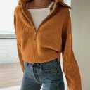 BTFBM Womens Sweaters Quarter Zip Pullover V Neck Collar Long Sleeve Ribbed Knit Loose Casual 2026 Winter Fall Sweater (Orange, S)