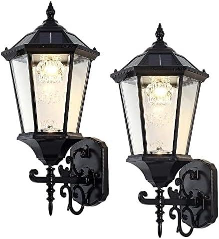 Decorative Solar Wall Light Outdoor Lamp, Waterproof Dusk to Dawn Soalr Wall Lantern, LED Wall Mount Light Fixture, 21 Large, Aluminum Housing Plus Glass, Cool + Warm White(2 Pack)