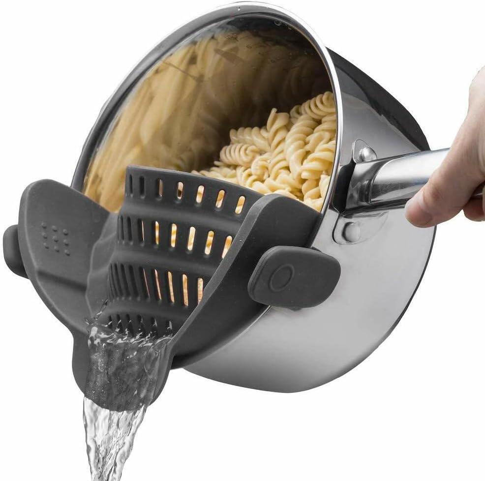 1pc Silicone Strainer, Adjustable Clip On Pantry Drainer for Pans & Bowls, Heat Resistant Fruit Washing Filter for Noodles, Pasta & Veggies (Gray)