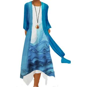 Honwenle Women's Linen Dress 2 Piece Outfit Floral Sleeveless Loose Maxi Summer Dresses with Jacket Formal Casual (Large)