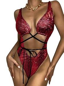 Womens Rave Wear One Piece Bodysuit Snakeskin Print Sexy Leg Rings Swimsuit for Festival Dance Rave Clothing Large