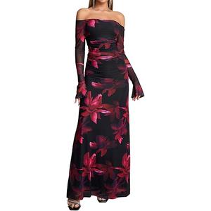 Women Fall Long Sleeve Floral Bodycon Maxi Dress Sexy Off Shoulder Ruched Wedding Guest Formal Party Long Dresses, Black, S