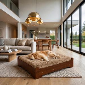 GLOSSGODS Elevated Wood Dog Bed Frame with Foam Mattress, WalnutPattern, XL