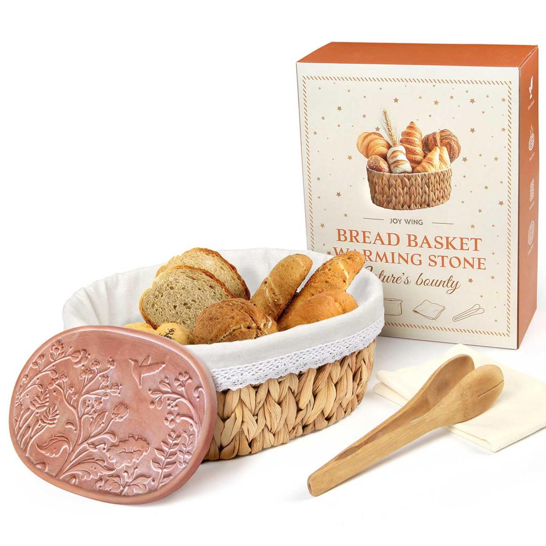 Bread Warmer Basket with Stone - Large Bread Baskets for Serving/House Warming Gifts New Home for Women/Kitchen Gifts for Bakers Hostess, Nature