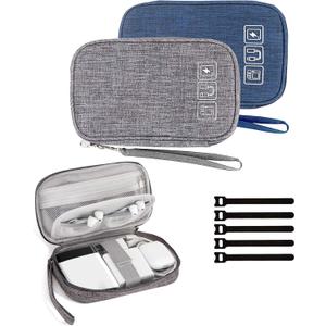 Cable Organizer Bag, 2PCS Travel Cord Organizer Pouch for Electronics Accessories, Charger, Phone, USB, SD Card - With 5pcs Cable Ties (Grey+Blue)