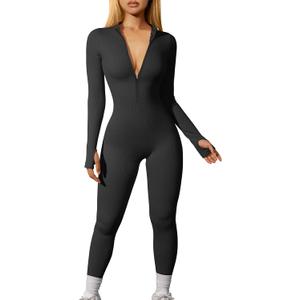 OQQ Women Yoga Jumpsuits Workout Ribbed Long Sleeve Zip Front Sport Jumpsuits (Small, Black)