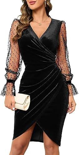 IHOT Women's Sexy V Neck Long Sheer Sleeve Velvet Faux Wrap Ruched Sheath Bodycon Cocktail Party Dress Black L 