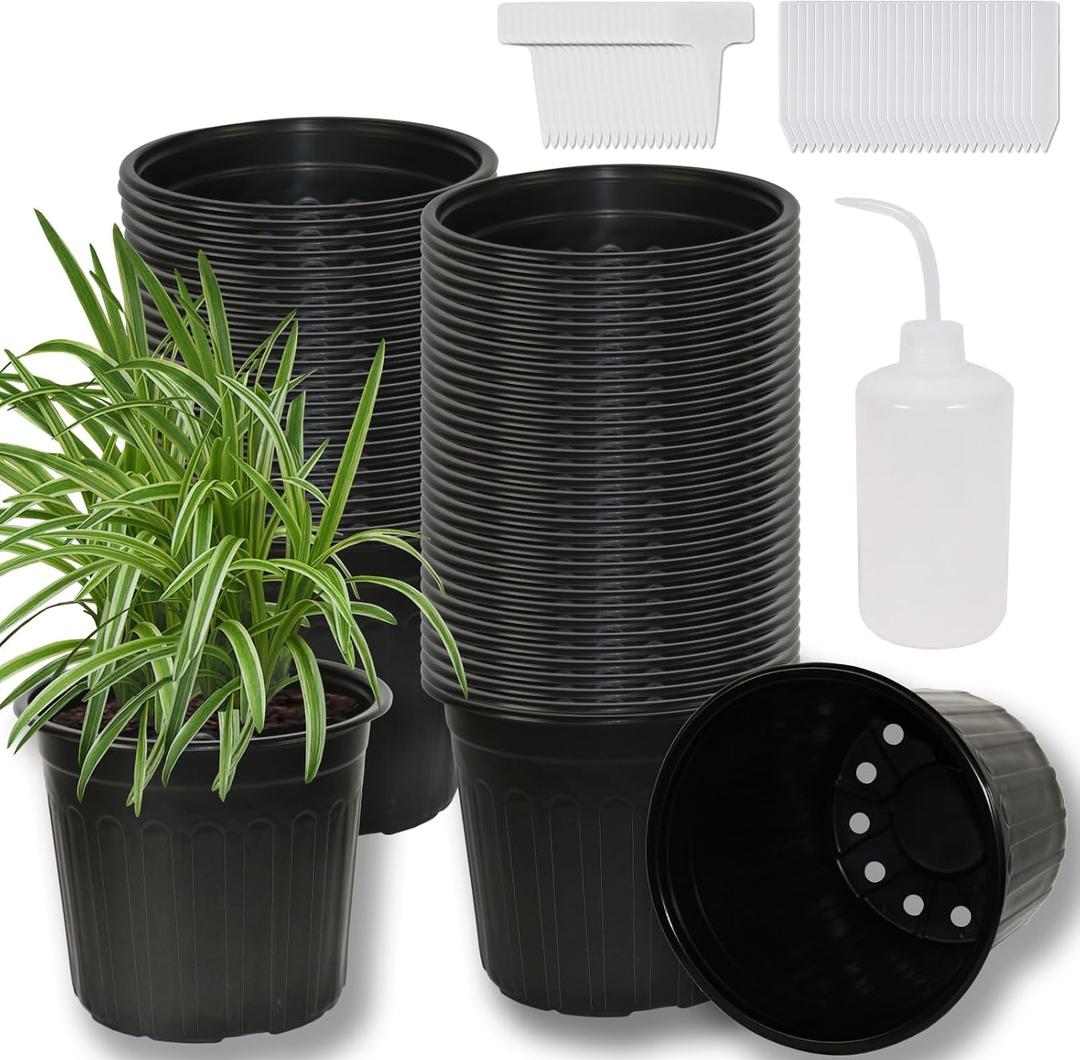 60-Pack 2 Gallon Flexible Plastic Plant Pots with 50Pcs Plant Labels,Thickened Soft Seed Starting Container for Indoor Outdoor Plants, Seedlings, Vegetables, Succulents and Cuttings