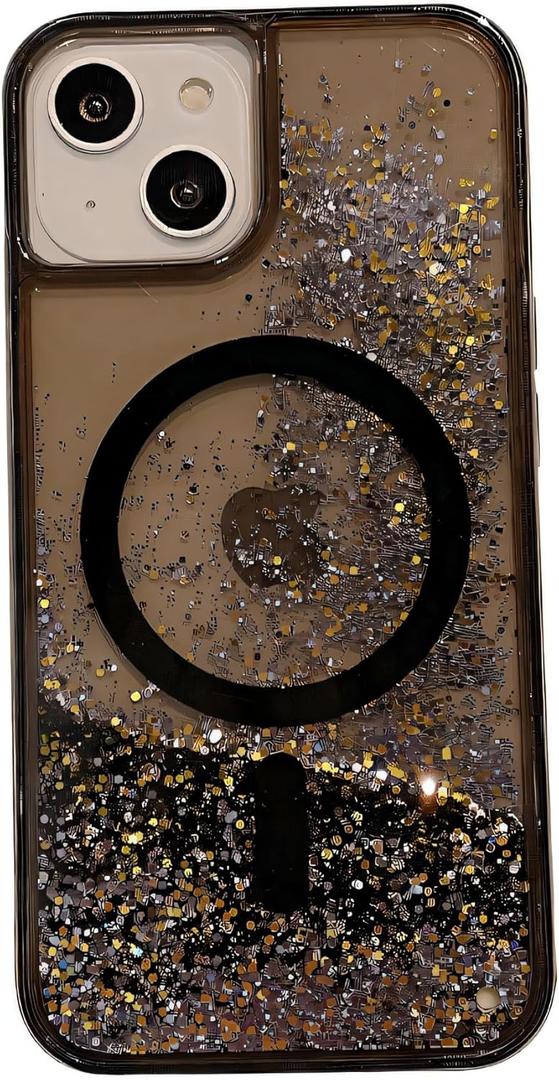 for iPhone Case,[Compatible with MagSafe] Luxury Bling Sparkle Flowing Glitter Liquid Sand Clear Soft TPU Phone Case (Black,iPhone 13 Pro Max)
