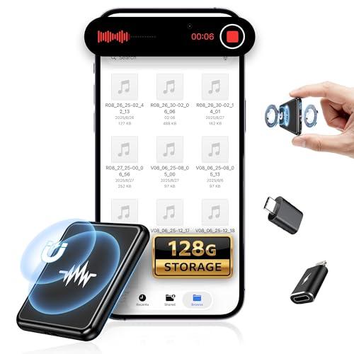 128G (9800 Hour) Voice Activated Recorder, Double-Sided Magnetic Voice Recorder with Playback, Audio Recorder with AI-Intelligent Noise Reduction, 70H Continuous for Lectures, Meetings