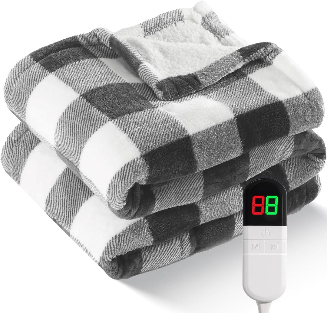 Electric Heated Sherpa Buffalo Plaid Christmas Throw Blanket with 8 Heating Levels & 8 Hours Auto Off, Fast Heating Warm Plush Washable Blanket with Over-Heat Protection, ETL Certification, Grey (Throw-50" x 60")