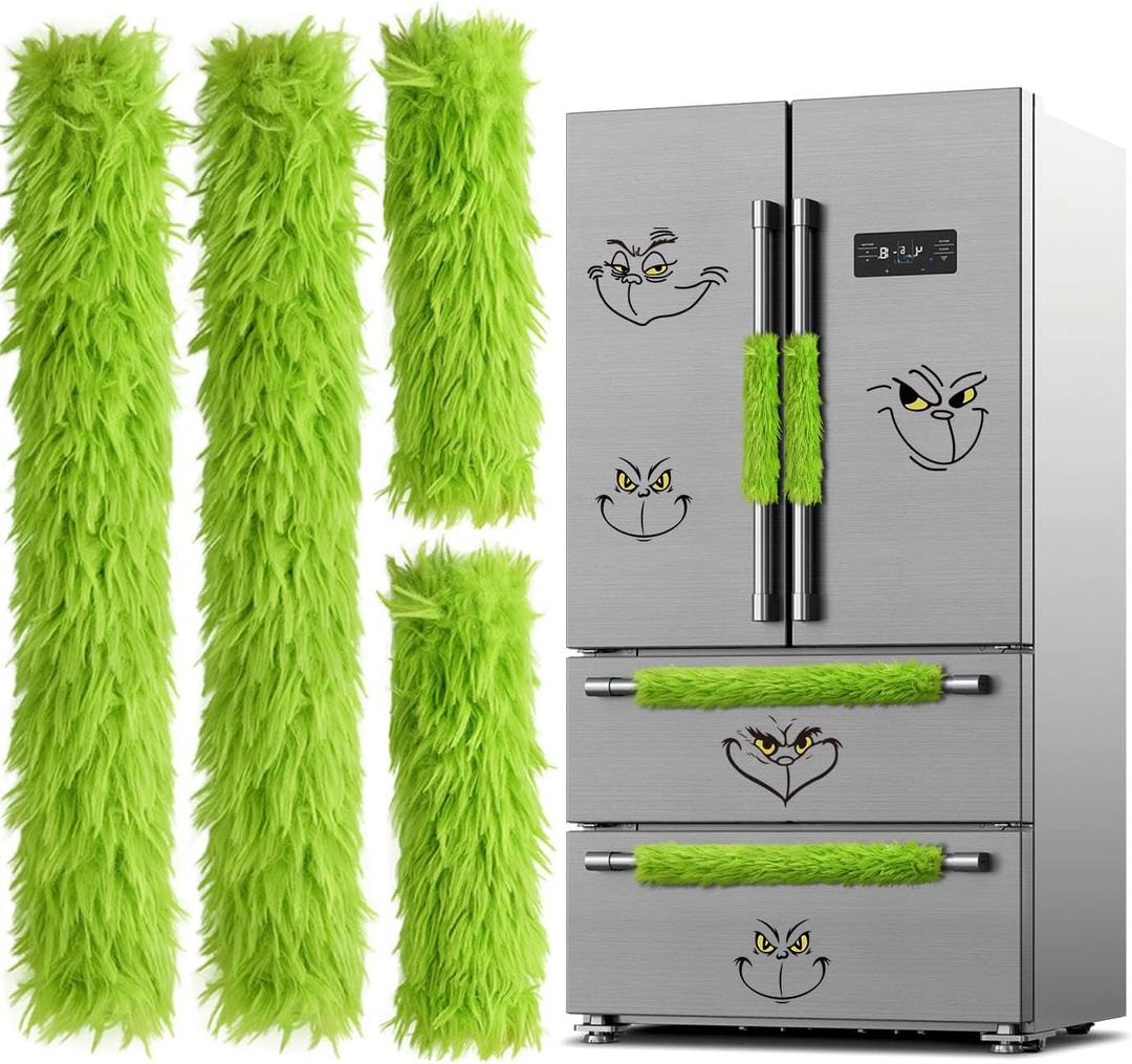 4 Pieces Christmas Refrigerator Handle Covers - Refrigerator Door Handle Cover with Faux Fur Plush Trim, Christmas Appliance Handle Covers for Kitchen Microwave Dishwasher