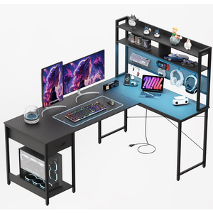 Apicizon L Shaped Gaming Desk 53", Reversible Corner Computer Desk with LED Lights, Carbon Fiber Surface, Pegboard with Hooks, Drawer & PC Tower Stand, USB Charging Port
