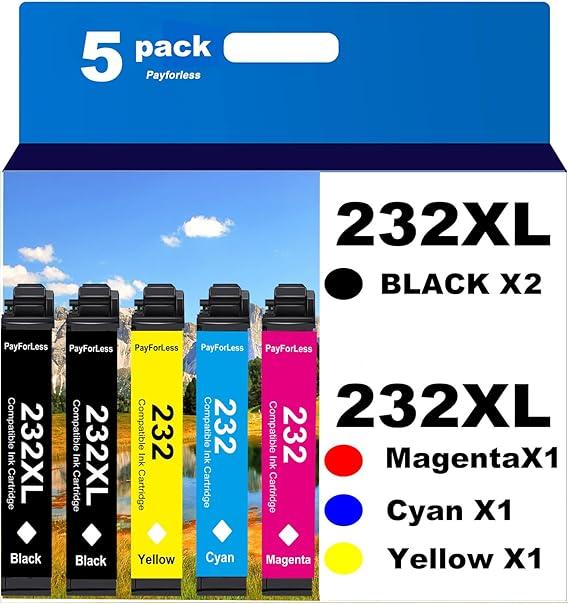 232XL Remanufactured for Epson 232XL Ink Cartridges Combo Pack 232XL T232 XL for XP-4200 XP-4205 Workforce WF-2930 WF-2950 Printer 5 Pack 2 Black 1 Cyan 1 Magenta 1 Yellow