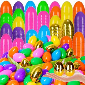 200 PCS Easter Eggs，Plastic 2.4" Bright Colorful Eggs with Golden Eggs, Easter Egg Fillers for Easter Egg Hunt Candy Filling Party Decorations and Kids Gifts