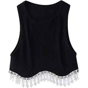 High Street Sexy Hem Tassel Diamond Beading Knitting T Shirt Chic Short Camis Tank Lady Slim Crop Vest Tops, XL