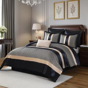 CozyDH Navy Blue Comforter Set Queen - Luxury 7 Piece Modern Geometric Bed in a Bag, Gold Silky Jacquard, All Season Down Alternative Bedding with Bed Skirt, Shams, Decorative Pillow, 90x90 in