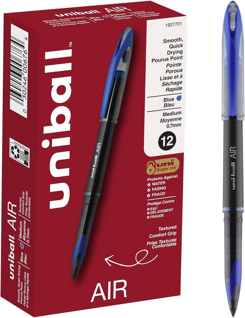 uniball Air Porous Roller Ball Pen, Stick, Medium 0.7 Mm, Blue Ink, Black Barrel, Dozen