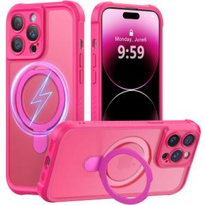 MOCCA Design for iPhone 14 Pro Case with Magnetic Invisible Stand [Full Camera Protection] [Compatible with Magsafe] Military Drop Shockproof Translucent Matte Phone Case Cover 6.1",Hot Pink