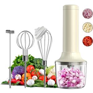 Cordless Hand Mixer MixgoII, Handheld Mixer Electric Whisk & Milk Frother, Hand Held Mini Mixers, Rechargeable Hand Mixer and Whisker, Food Processor for Cooking, Food Chopper, 4-Speed, 10Oz (Light Beige)