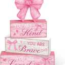 Capoda 4 Pieces Pink Bow Room Decor Bow Tiered Tray Decor Your are Kind, Brave, Loved Centerpiece Wooden Signs for Farmhouse Home Office Entryway Preppy Coquette Inspirational Table Decorations