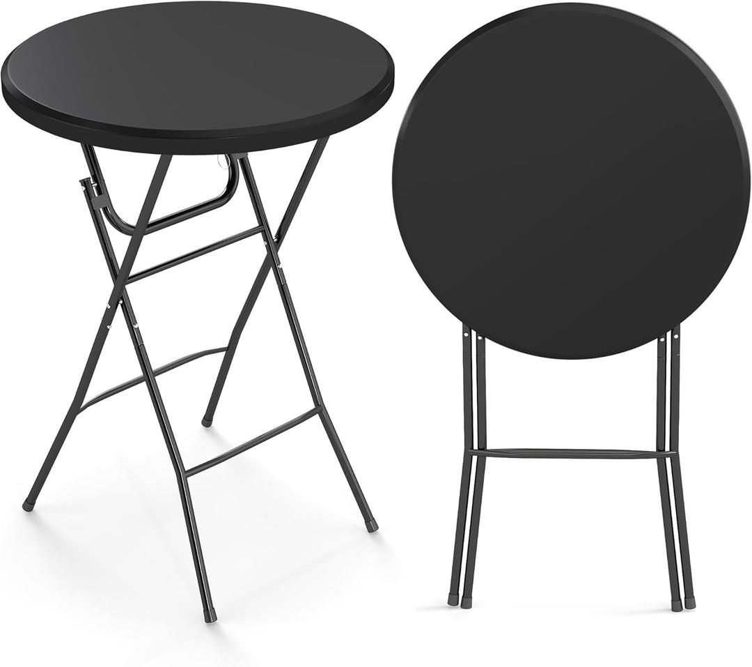Real Relax 32in Folding Table Bar Height, HDPE Matrial and 350lb Weight Capacity for Patio, Backyard, Dining Room, Events w/Thick Table Top, Metal Frame, Locking Legs, Black