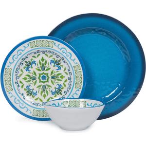 Melamine Dinnerware Sets 12 Pcs, Melamine Plates, Party Plates and Bowls Sets, Camping Dishes Set for 4, Unbreakable, BPA-Free, Dishwasher Safe Green flowers
