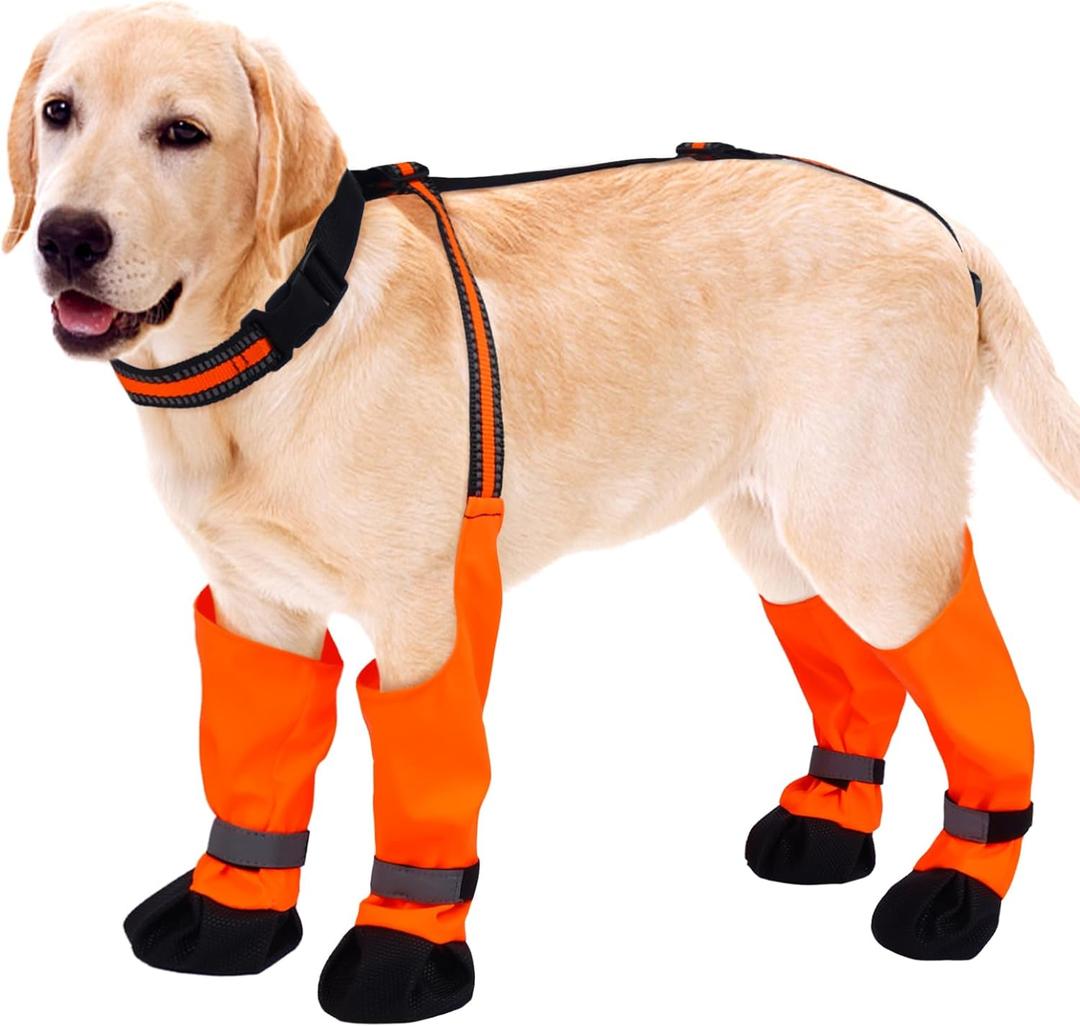 Dog Suspender Boots, Anti-Slip & Fall Waterproof Dog Shoes Leggings, Dog Paw Protector for Small Medium Dogs, Adjustable Dog Boots Pet Shoes for Outdoor Walking Orange,XL