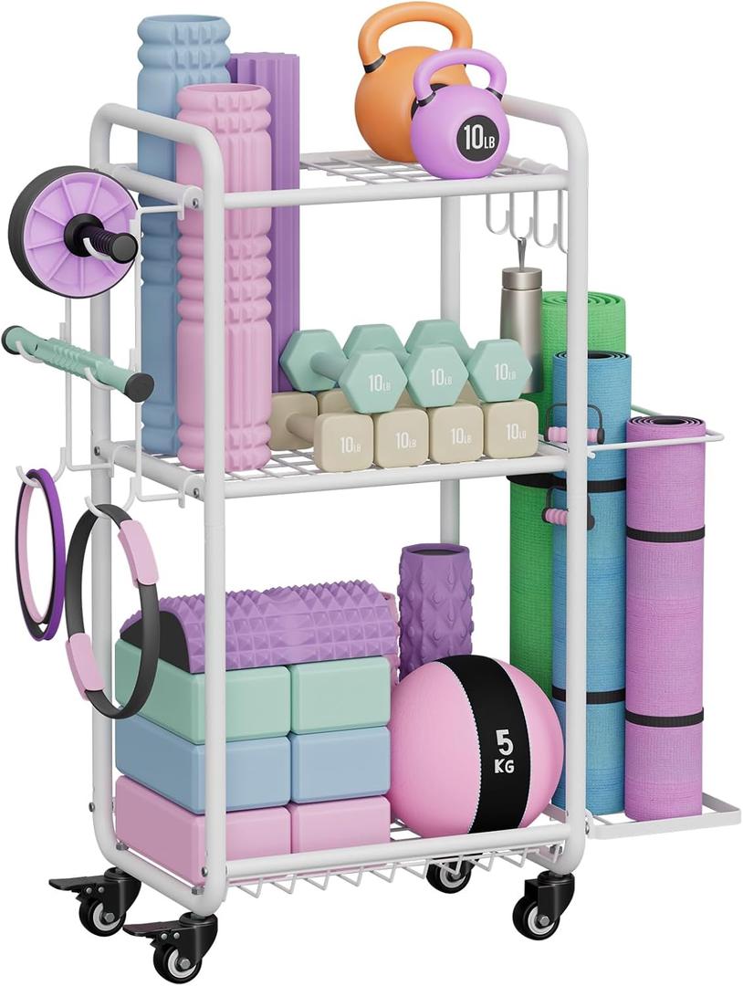 Weight Rack for Home Gym, All in One Yoga Mat Storage Rack, Workout Equipment Storage with Wheels and Hooks for Dumbbells Kettlebells Foam Rollers, Powder Coated (White)