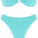 ZAFUL Women's Strapless Ribbed V Wired Lace Up Ruffle Tie High Cut Bandeau Swimsuits Bikini Set Size L