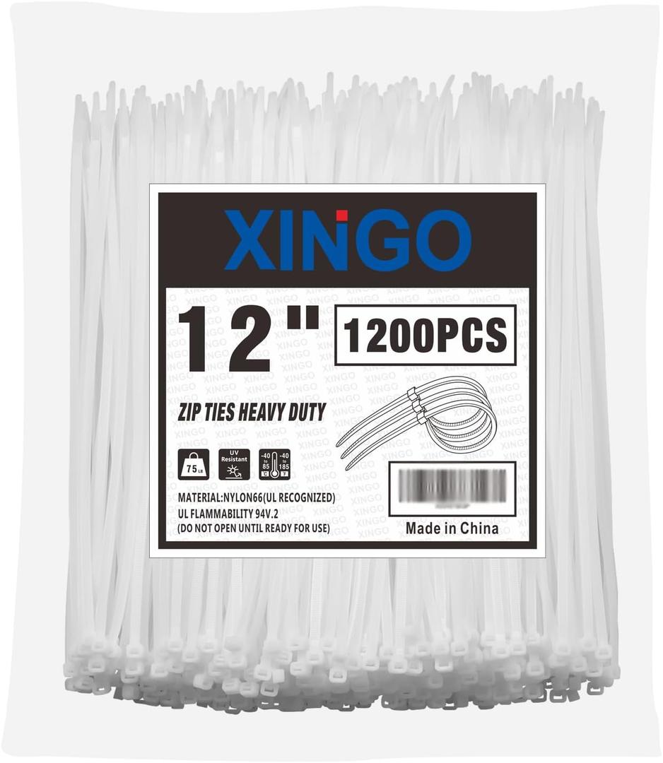 XINGO 12 Inch White Zip Ties 1200 PCS, 75 LBS Ultra Strong Tensile Strength, UV Resistant Cable Ties, Self-locking Plastic Ties for Indoor and Outdoor Use